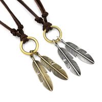 Vintage Long Sweater Chain Double Feather Pendant Ring Cowhide Necklace Alloy Leaf Leather Accessories main image 1
