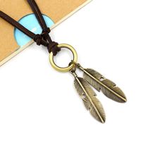 Vintage Long Sweater Chain Double Feather Pendant Ring Cowhide Necklace Alloy Leaf Leather Accessories main image 3