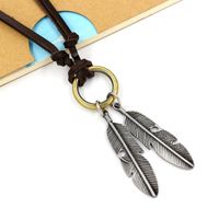 Vintage Long Sweater Chain Double Feather Pendant Ring Cowhide Necklace Alloy Leaf Leather Accessories main image 4