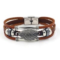 Leaf Multi-layer Beaded Leather Bracelet Brown Leather Stainless Steel Buckle Fashion Leaf Bracelet main image 2