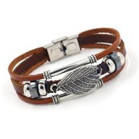 Leaf Multi-layer Beaded Leather Bracelet Brown Leather Stainless Steel Buckle Fashion Leaf Bracelet main image 3