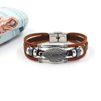 Leaf Multi-layer Beaded Leather Bracelet Brown Leather Stainless Steel Buckle Fashion Leaf Bracelet main image 5