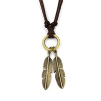 Vintage Long Sweater Chain Double Feather Pendant Ring Cowhide Necklace Alloy Leaf Leather Accessories sku image 1