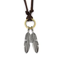Vintage Long Sweater Chain Double Feather Pendant Ring Cowhide Necklace Alloy Leaf Leather Accessories sku image 2
