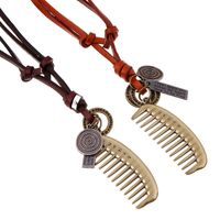 Vintage Alloy Comb Leather Rope Pendant Leather Necklace Sweater Chain main image 2