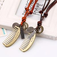 Vintage Alloy Comb Leather Rope Pendant Leather Necklace Sweater Chain main image 3