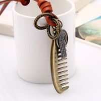 Vintage Alloy Comb Leather Rope Pendant Leather Necklace Sweater Chain main image 4
