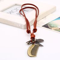 Vintage Alloy Comb Leather Rope Pendant Leather Necklace Sweater Chain main image 5