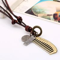 Vintage Alloy Comb Leather Rope Pendant Leather Necklace Sweater Chain main image 6