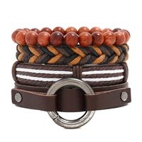 Fashion Geometric Pu Leather Wooden Beads Hemp Rope Set Bracelet Braid Men's Bracelets sku image 1