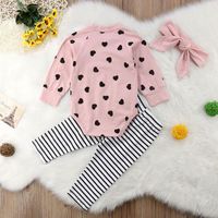 Exclusif Pour Croix-frontière Infantile À Manches Longues Coeur Impression Barboteuse Rayé Pantalon + Bande De Cheveux Ensemble Rose Trois-pièce Enfants De Vêtements main image 3