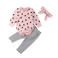 Exclusif Pour Croix-frontière Infantile À Manches Longues Coeur Impression Barboteuse Rayé Pantalon + Bande De Cheveux Ensemble Rose Trois-pièce Enfants De Vêtements main image 6