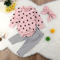 Baby Long Sleeve Love Print Harness Stripe Trousers Hairband Set Pink Three-piece Kids sku image 4