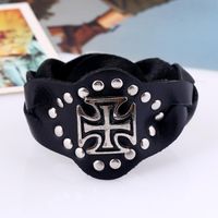 Vintage Men's Wide Leather Cowhide Bracelet Punk Cross Studded Leather Bracelet main image 6