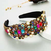 New Baroque Luxury Retro Pearl Wide-brimmed Inlaid Colorful Glass Full Diamond Headband main image 3