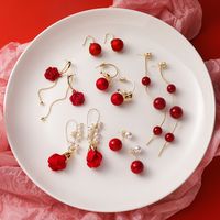 Rote Perle Ohrringe Chinesische Art Quaste Festliche Braut Ohrringe main image 1