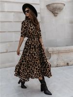 Casual V Neck Printing Long Sleeve Leopard Knee-length sku image 8