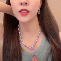 Korean Autumn And Winter Pearl Purple Gem Choker Pendant Necklace main image 1