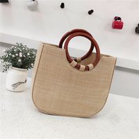 New Korean  Simple Straw  Wooden Handle Handbag main image 1