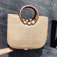 New Korean  Simple Straw  Wooden Handle Handbag sku image 1