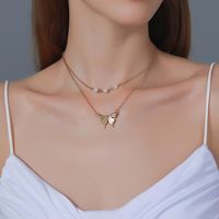 Neue Perle Doppelschicht Einfache Schmetterling Anhänger Lange Halskette main image 6