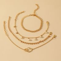 New Alloy Leaf Pearl Double Ring Interlocking  Bracelet Set sku image 1