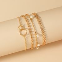New Alloy Leaf Pearl Double Ring Interlocking  Bracelet Set main image 4