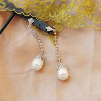 Large Pearl   Retro Shaped Pearl White Diamond Tassel Earrings main image 4