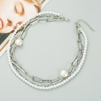 New Fashion Simple Multi-layer Metal Buckle Short Shiny Pearl Necklace sku image 1