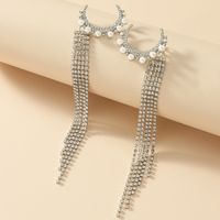 Exaggerated Long Tassel  Korean  New Thinner Full Diamond Moon Pearl Earrings main image 4