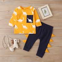 New Children's Long Sleeve Cartoon Dinosaur Print  Sweater Trousers Two-piece Set Wholesale main image 2