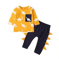 New Children's Long Sleeve Cartoon Dinosaur Print  Sweater Trousers Two-piece Set Wholesale sku image 2