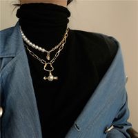 Korean Pearl Arrow Heart Hip-hop Double-layer Pendant Necklace main image 3