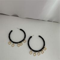 French Retro Large Hoop Handmade Leather Heart Tassel Pendant C-shaped Earrings sku image 1