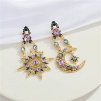 Retro Diamond Bohemian Color Zirconium Star Moon Sun Earrings sku image 1