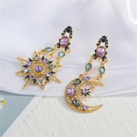 Retro Diamond Bohemian Color Zirconium Star Moon Sun Earrings main image 6