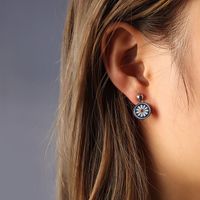 Retro Fashion Ink Blue Daisy Flower Titanium Steel Earrings sku image 2