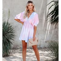 New Tie-dye Deep V Big Swing Bat Sleeve Dress main image 4