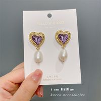 Purple Diamond Heart Pearl Earrings main image 3