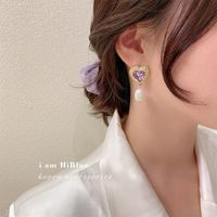 Purple Diamond Heart Pearl Earrings main image 4