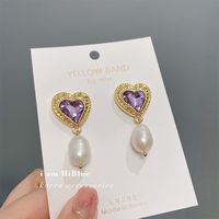 Purple Diamond Heart Pearl Earrings main image 5