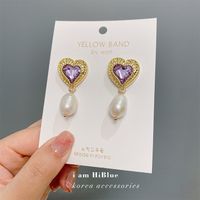 Purple Diamond Heart Pearl Earrings main image 6