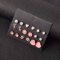 Alloy Pink Peach Heart Diamond 9 Pairs Set Earrings main image 1