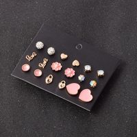 Alloy Pink Peach Heart Diamond 9 Pairs Set Earrings main image 3