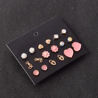 Alloy Pink Peach Heart Diamond 9 Pairs Set Earrings main image 4