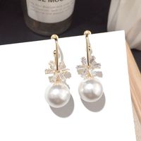 Pearl Crystal Snowflake Silver Needle Earrings main image 1