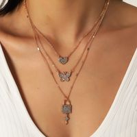 New Diamond Heart Butterfly Lock 3 Layer Necklace main image 6