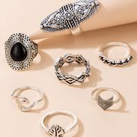 Retro Bohemian Ethnic Style Inlaid Black Gemstone Wave Leaf Ring Set main image 4