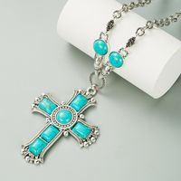 Retro Exaggerated Cross Shape Multi-layer Alloy Inlaid Turquoise Necklace main image 2