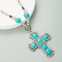 Retro Exaggerated Cross Shape Multi-layer Alloy Inlaid Turquoise Necklace main image 3